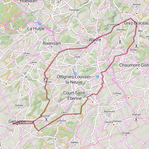 Map miniature of "Exploring Grez-Doiceau and Mont-Saint-Guibert" cycling inspiration in Prov. Brabant Wallon, Belgium. Generated by Tarmacs.app cycling route planner