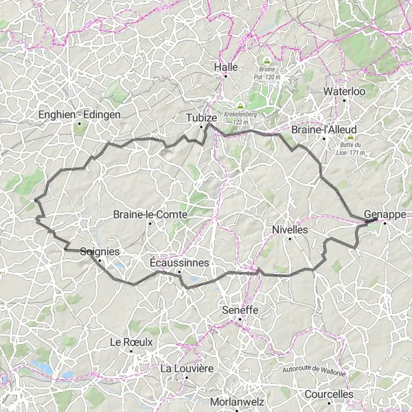 Miniatuurkaart van de fietsinspiratie "Houtain-le-Val naar Lillois-Witterzée Wegenroute" in Prov. Brabant Wallon, Belgium. Gemaakt door de Tarmacs.app fietsrouteplanner