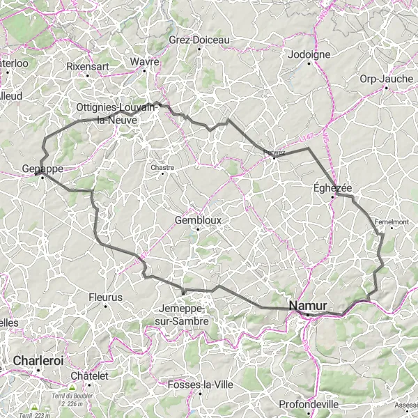 Miniatuurkaart van de fietsinspiratie "Rondje Louvain-la-Neuve en Namur" in Prov. Brabant Wallon, Belgium. Gemaakt door de Tarmacs.app fietsrouteplanner