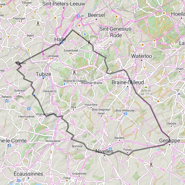 Miniatuurkaart van de fietsinspiratie "Monstreux naar Genappe Wegenroute" in Prov. Brabant Wallon, Belgium. Gemaakt door de Tarmacs.app fietsrouteplanner