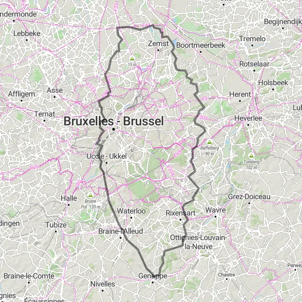 Miniature de la carte de l'inspiration cycliste "La Grande Boucle Bruxelloise" dans la Prov. Brabant Wallon, Belgium. Générée par le planificateur d'itinéraire cycliste Tarmacs.app
