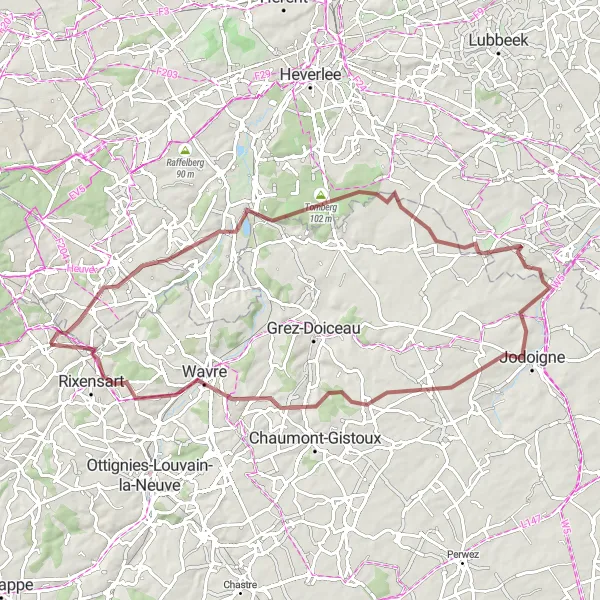 Miniatuurkaart van de fietsinspiratie "Gravelroute door Brabants landschap" in Prov. Brabant Wallon, Belgium. Gemaakt door de Tarmacs.app fietsrouteplanner