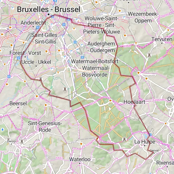 Map miniature of "Gravel Route through Château d'Argenteuil and Woluwe-Saint-Pierre" cycling inspiration in Prov. Brabant Wallon, Belgium. Generated by Tarmacs.app cycling route planner