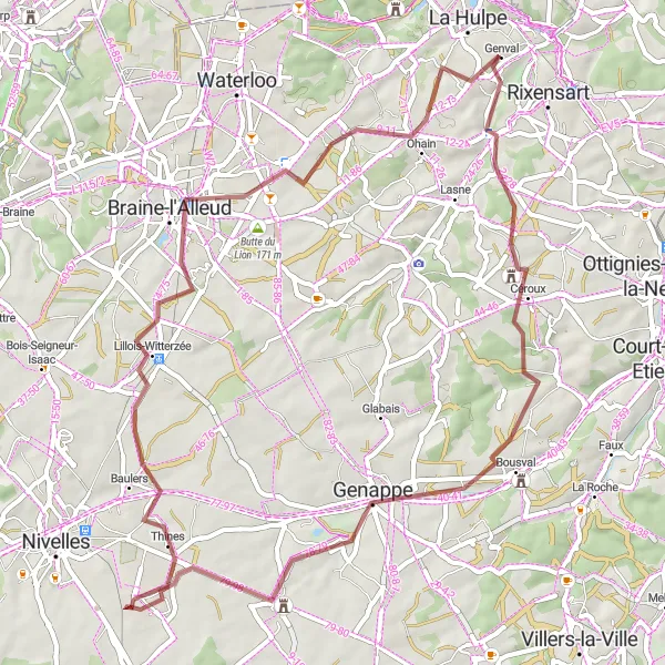 Miniature de la carte de l'inspiration cycliste "Virée champêtre en gravel près de Genval" dans la Prov. Brabant Wallon, Belgium. Générée par le planificateur d'itinéraire cycliste Tarmacs.app