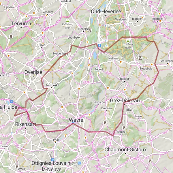 Karten-Miniaturansicht der Radinspiration "Rundweg durch Huldenberg, Sint-Joris-Weert und Wavre" in Prov. Brabant Wallon, Belgium. Erstellt vom Tarmacs.app-Routenplaner für Radtouren