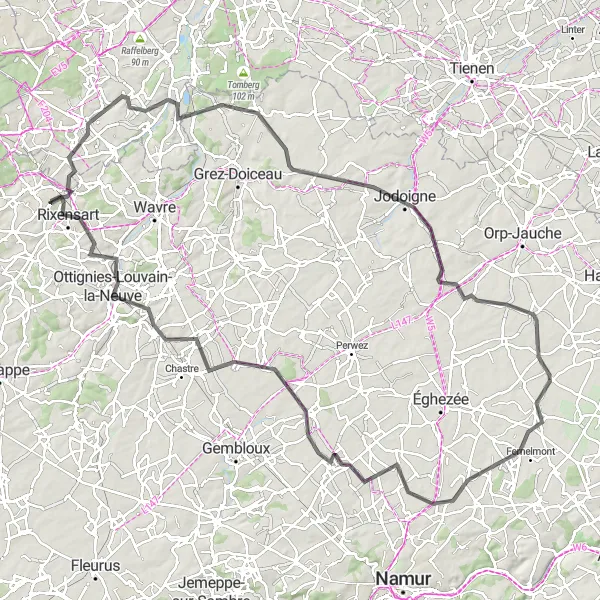 Miniatuurkaart van de fietsinspiratie "Pittoreske route door Brabantse bossen" in Prov. Brabant Wallon, Belgium. Gemaakt door de Tarmacs.app fietsrouteplanner