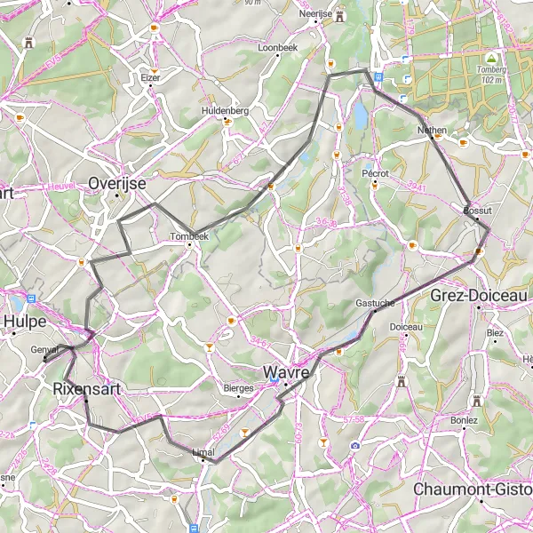 Map miniature of "Genval - Tombeek - Bossut-Gottechain - Wavre - Rixensart" cycling inspiration in Prov. Brabant Wallon, Belgium. Generated by Tarmacs.app cycling route planner