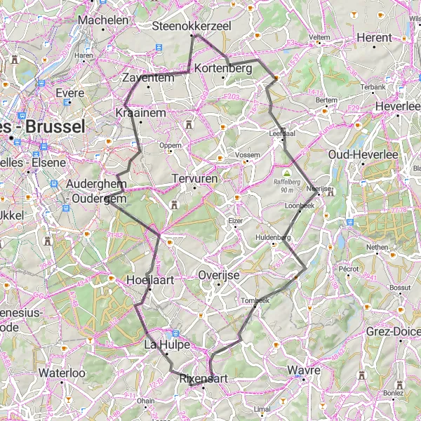 Map miniature of "Road Cycling Adventure through Kraainem and Rixensart" cycling inspiration in Prov. Brabant Wallon, Belgium. Generated by Tarmacs.app cycling route planner