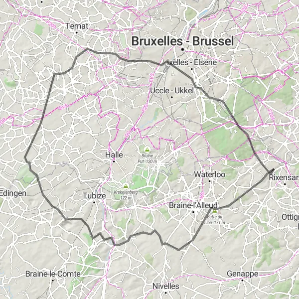 Karten-Miniaturansicht der Radinspiration "Road-Tour zur Schlacht von Waterloo" in Prov. Brabant Wallon, Belgium. Erstellt vom Tarmacs.app-Routenplaner für Radtouren