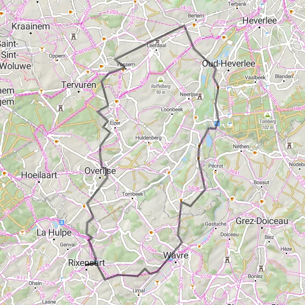 Map miniature of "Scenic Road Cycling Route through Vossem and Wavre" cycling inspiration in Prov. Brabant Wallon, Belgium. Generated by Tarmacs.app cycling route planner