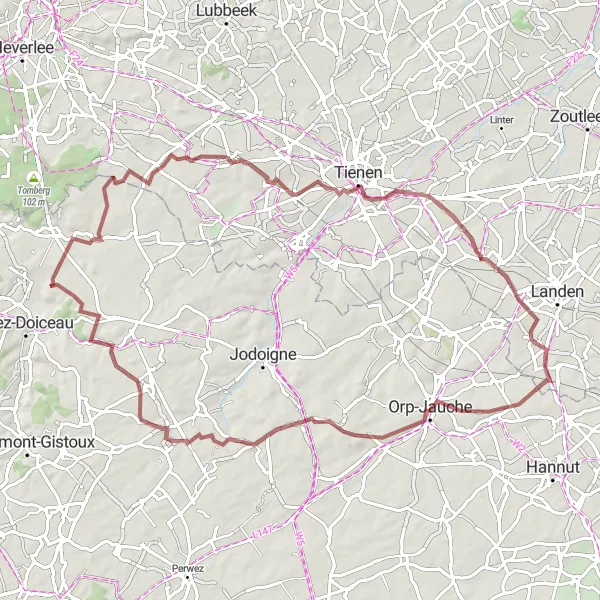 Karten-Miniaturansicht der Radinspiration "Gravel-Tour rund um Grez-Doiceau" in Prov. Brabant Wallon, Belgium. Erstellt vom Tarmacs.app-Routenplaner für Radtouren