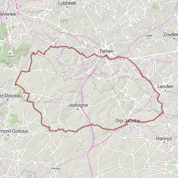 Miniatuurkaart van de fietsinspiratie "Avontuurlijke gravelroute door het groene landschap" in Prov. Brabant Wallon, Belgium. Gemaakt door de Tarmacs.app fietsrouteplanner