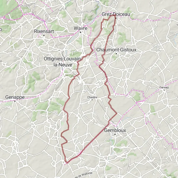 Miniatuurkaart van de fietsinspiratie "Grez-Doiceau Gravel Avontuur" in Prov. Brabant Wallon, Belgium. Gemaakt door de Tarmacs.app fietsrouteplanner