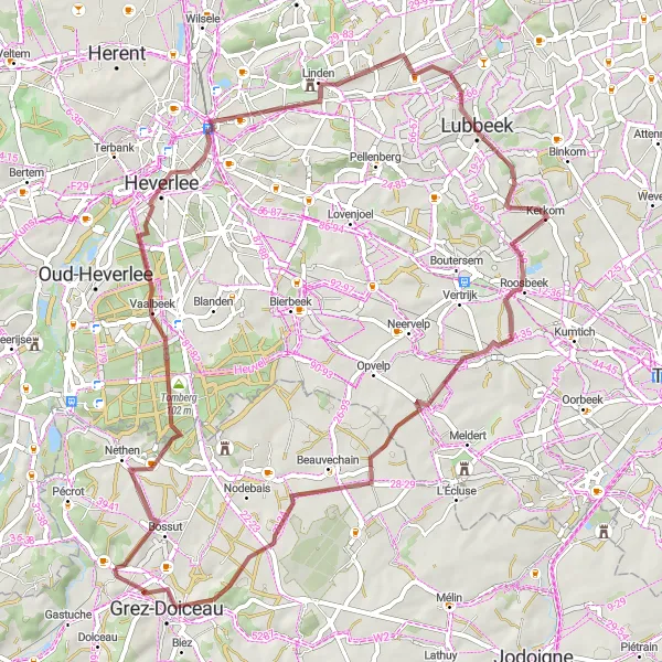 Miniatuurkaart van de fietsinspiratie "Ontdekkingstocht per Gravel rond Grez-Doiceau" in Prov. Brabant Wallon, Belgium. Gemaakt door de Tarmacs.app fietsrouteplanner