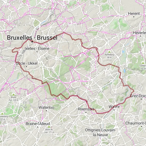 Map miniature of "Gravel Challenge" cycling inspiration in Prov. Brabant Wallon, Belgium. Generated by Tarmacs.app cycling route planner