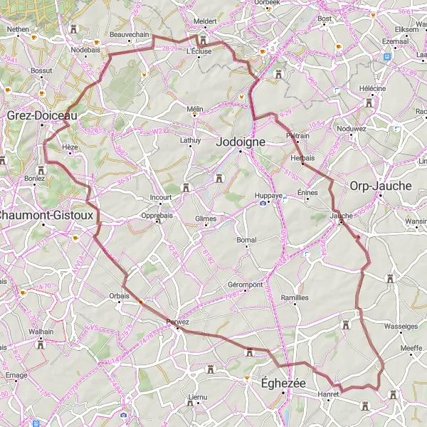 Miniatuurkaart van de fietsinspiratie "Gravelroute langs kastelen en pittoreske dorpjes" in Prov. Brabant Wallon, Belgium. Gemaakt door de Tarmacs.app fietsrouteplanner