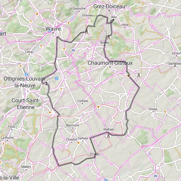 Karten-Miniaturansicht der Radinspiration "Kurze Fahrt durch die Natur bei Grez-Doiceau" in Prov. Brabant Wallon, Belgium. Erstellt vom Tarmacs.app-Routenplaner für Radtouren