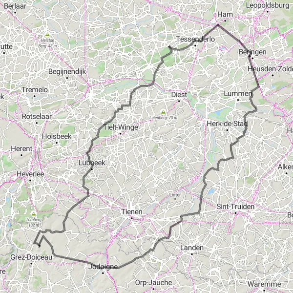 Miniatuurkaart van de fietsinspiratie "Wielrennen rond Grez-Doiceau" in Prov. Brabant Wallon, Belgium. Gemaakt door de Tarmacs.app fietsrouteplanner