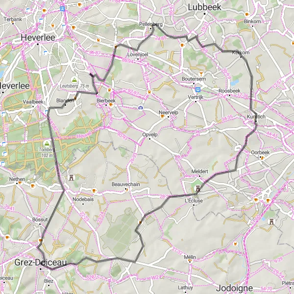 Map miniature of "Terrains of Grez-Doiceau" cycling inspiration in Prov. Brabant Wallon, Belgium. Generated by Tarmacs.app cycling route planner