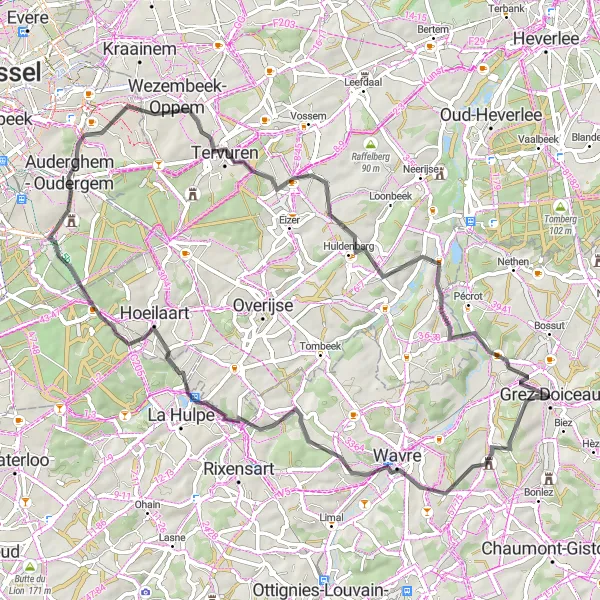 Miniature de la carte de l'inspiration cycliste "Les Collines de l'Ardenne Brabançonne" dans la Prov. Brabant Wallon, Belgium. Générée par le planificateur d'itinéraire cycliste Tarmacs.app