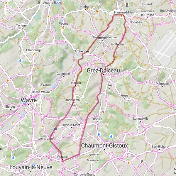 Map miniature of "Grez-Doiceau Gravel Loop" cycling inspiration in Prov. Brabant Wallon, Belgium. Generated by Tarmacs.app cycling route planner