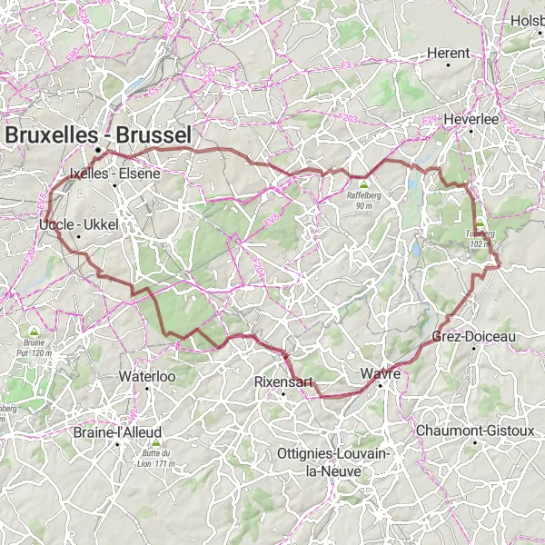 Map miniature of "Challenging Gravel Adventure" cycling inspiration in Prov. Brabant Wallon, Belgium. Generated by Tarmacs.app cycling route planner