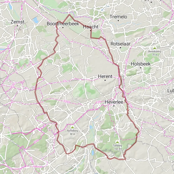 Map miniature of "Huldenberg Scenic Gravel Ride" cycling inspiration in Prov. Brabant Wallon, Belgium. Generated by Tarmacs.app cycling route planner