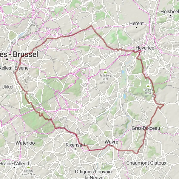 Miniature de la carte de l'inspiration cycliste "Sur les chemins de gravier" dans la Prov. Brabant Wallon, Belgium. Générée par le planificateur d'itinéraire cycliste Tarmacs.app