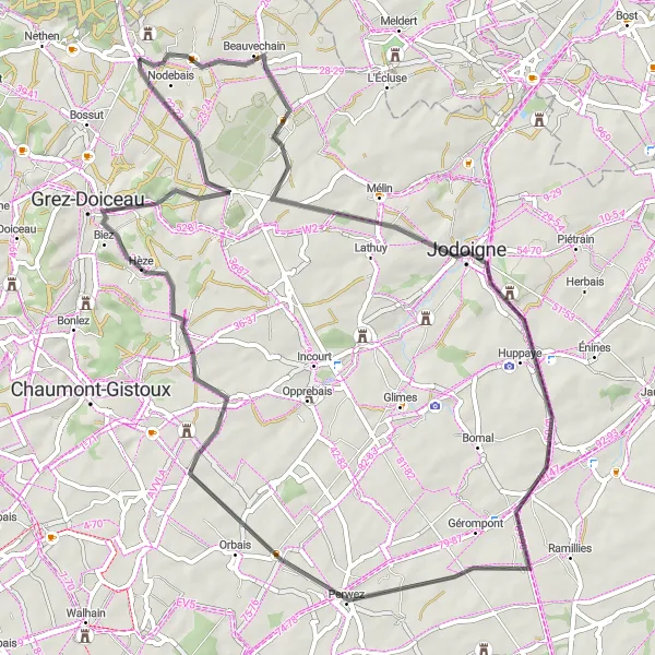 Map miniature of "Hamme-Mille to Tourinnes-la-Grosse" cycling inspiration in Prov. Brabant Wallon, Belgium. Generated by Tarmacs.app cycling route planner