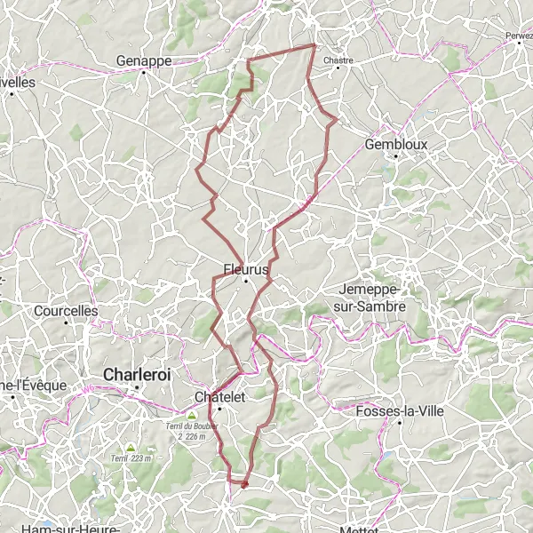 Map miniature of "Hévillers - Ligny - Aiseau - Châtelet - Fleurus - Arbre de la Bruyère - Sart-Messire-Guillaume Loop (Gravel)" cycling inspiration in Prov. Brabant Wallon, Belgium. Generated by Tarmacs.app cycling route planner