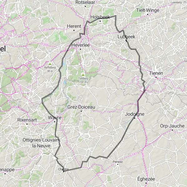 Miniature de la carte de l'inspiration cycliste "Circuit routier à travers Wavre et Jodoigne" dans la Prov. Brabant Wallon, Belgium. Générée par le planificateur d'itinéraire cycliste Tarmacs.app