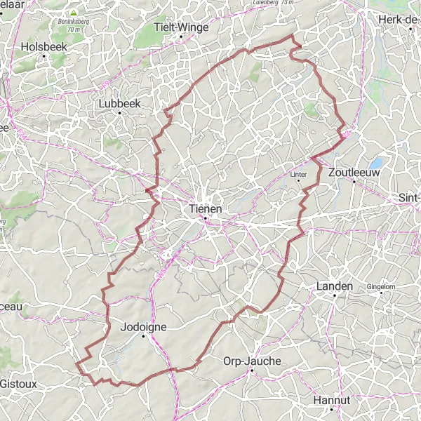 Miniatuurkaart van de fietsinspiratie "Uitdagende graveltocht door Mélin en Opprebais" in Prov. Brabant Wallon, Belgium. Gemaakt door de Tarmacs.app fietsrouteplanner