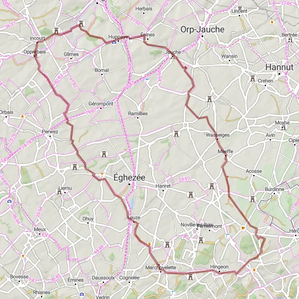 Map miniature of "Huppaye to Incourt Gravel Adventure" cycling inspiration in Prov. Brabant Wallon, Belgium. Generated by Tarmacs.app cycling route planner