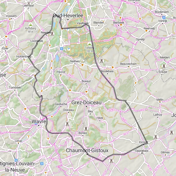 Map miniature of "Chaumont-Gistoux to Roux-Miroir Loop" cycling inspiration in Prov. Brabant Wallon, Belgium. Generated by Tarmacs.app cycling route planner