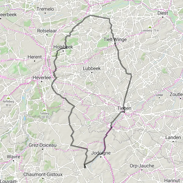 Karten-Miniaturansicht der Radinspiration "Rundtour von Lathuy nach Jodoigne" in Prov. Brabant Wallon, Belgium. Erstellt vom Tarmacs.app-Routenplaner für Radtouren