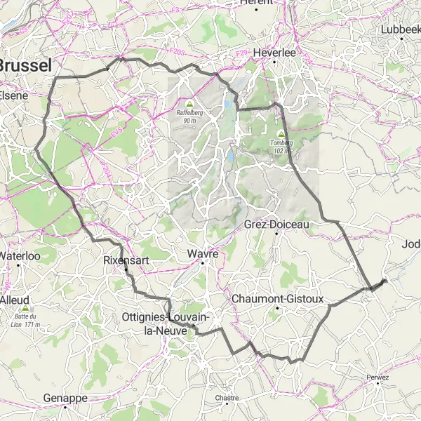 Miniature de la carte de l'inspiration cycliste "Les Collines de Brabant" dans la Prov. Brabant Wallon, Belgium. Générée par le planificateur d'itinéraire cycliste Tarmacs.app