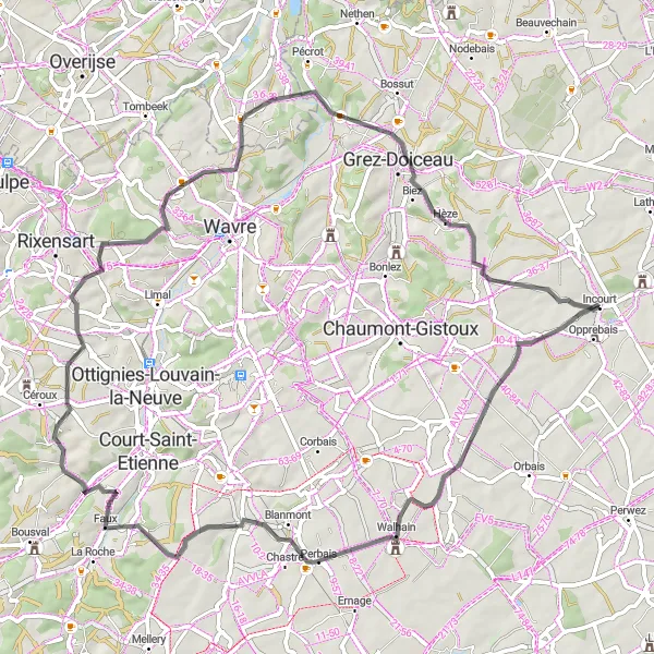Map miniature of "Walhain to Longueville Loop" cycling inspiration in Prov. Brabant Wallon, Belgium. Generated by Tarmacs.app cycling route planner