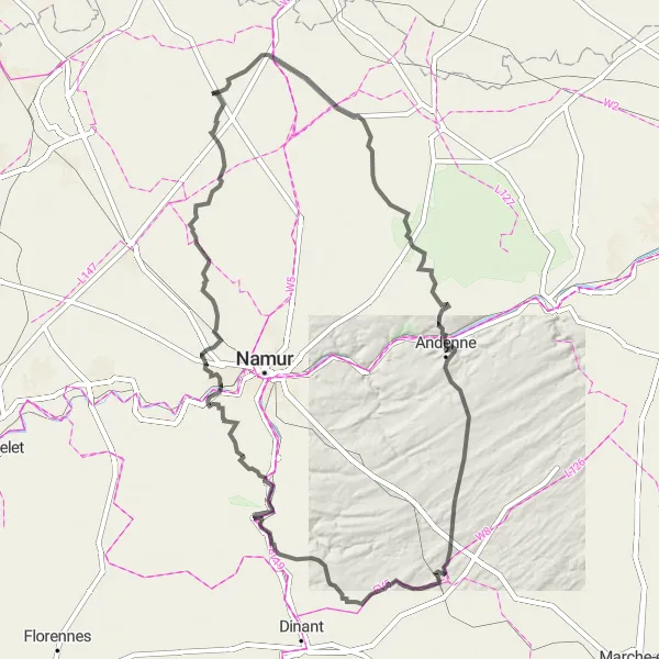 Map miniature of "Scenic Road Tour: Jodoigne to Wastines" cycling inspiration in Prov. Brabant Wallon, Belgium. Generated by Tarmacs.app cycling route planner