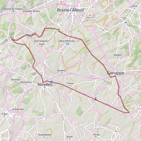 Map miniature of "Lillois-Witterzée - Genappe - Nivelles - Ittre" cycling inspiration in Prov. Brabant Wallon, Belgium. Generated by Tarmacs.app cycling route planner