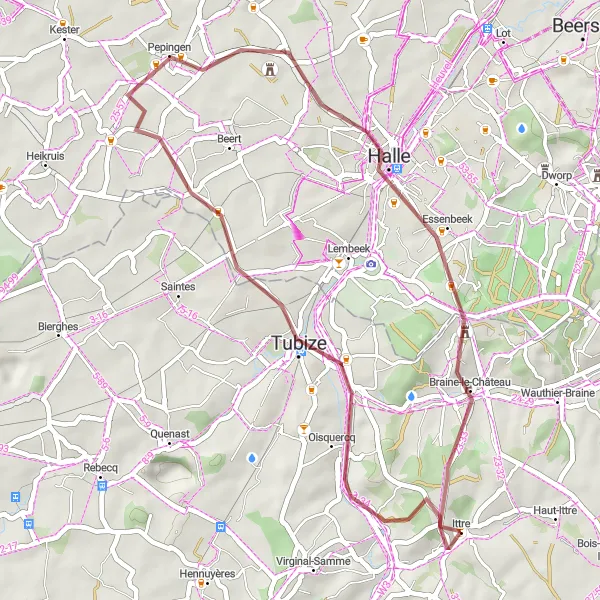 Miniatuurkaart van de fietsinspiratie "Korte graveltocht langs historische bezienswaardigheden" in Prov. Brabant Wallon, Belgium. Gemaakt door de Tarmacs.app fietsrouteplanner