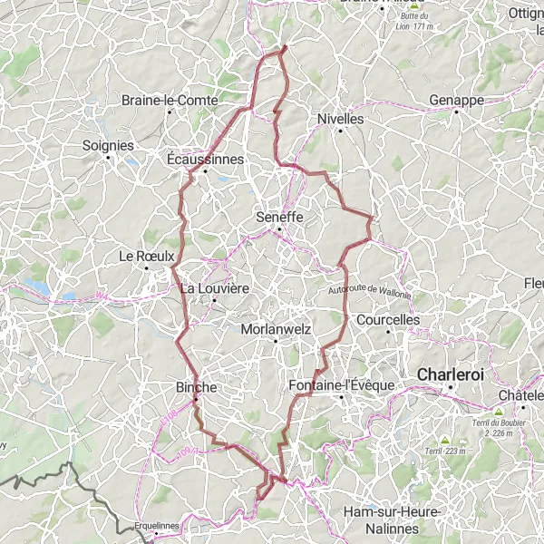 Map miniature of "Challenging Gravel Adventure in Brabant Wallon" cycling inspiration in Prov. Brabant Wallon, Belgium. Generated by Tarmacs.app cycling route planner