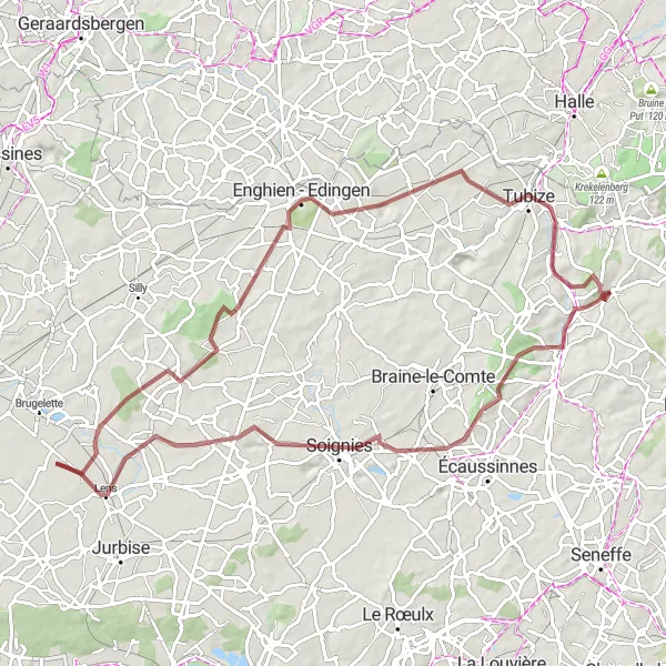 Map miniature of "Gravel Adventure through Brabant Wallon" cycling inspiration in Prov. Brabant Wallon, Belgium. Generated by Tarmacs.app cycling route planner