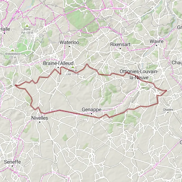 Map miniature of "Battle of Waterloo - Observatoire de l'Empereur - Ottignies-Louvain-la-Neuve - Mont-Saint-Guibert - Loupoigne - Ittre" cycling inspiration in Prov. Brabant Wallon, Belgium. Generated by Tarmacs.app cycling route planner