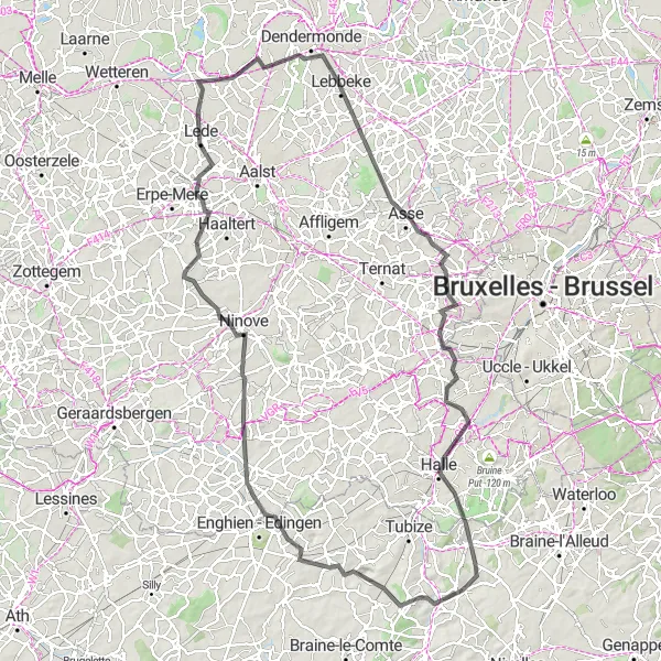 Map miniature of "Rebecq - Ninove - Lede - Lebbeke - Putberg - Dilbeek - Sint-Pieters-Leeuw - Krekelenberg" cycling inspiration in Prov. Brabant Wallon, Belgium. Generated by Tarmacs.app cycling route planner