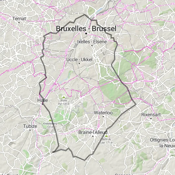 Map miniature of "Krekelenberg - Halle - Jette - Auderghem - Battle of Waterloo - Bois-Seigneur-Isaac" cycling inspiration in Prov. Brabant Wallon, Belgium. Generated by Tarmacs.app cycling route planner