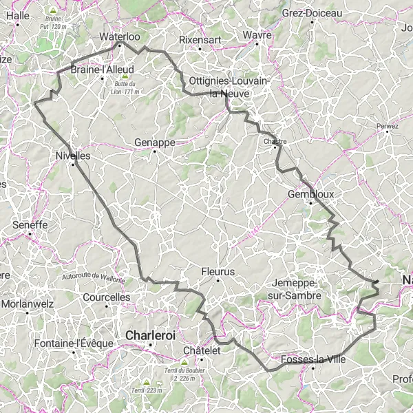 Miniatuurkaart van de fietsinspiratie "Uitdagende roadtrip doorheen het Belgische landschap" in Prov. Brabant Wallon, Belgium. Gemaakt door de Tarmacs.app fietsrouteplanner