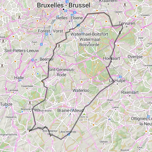Map miniature of "Braine-le-Château - Waaienberg - Woluwe-Saint-Lambert - La Hulpe - Battle of Waterloo - Haut-Ittre" cycling inspiration in Prov. Brabant Wallon, Belgium. Generated by Tarmacs.app cycling route planner