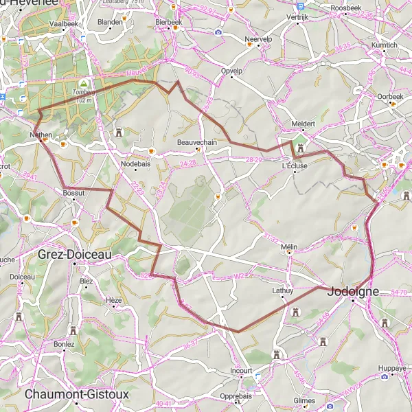 Miniatuurkaart van de fietsinspiratie "Gravelroute rond Jodoigne via Lathuy en Bossut-Gottechain" in Prov. Brabant Wallon, Belgium. Gemaakt door de Tarmacs.app fietsrouteplanner