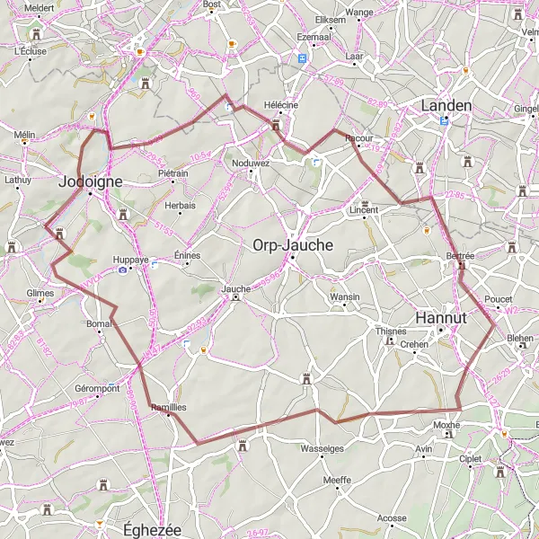 Miniatuurkaart van de fietsinspiratie "Avontuurlijke grindroute naar Hélécine en Racour" in Prov. Brabant Wallon, Belgium. Gemaakt door de Tarmacs.app fietsrouteplanner