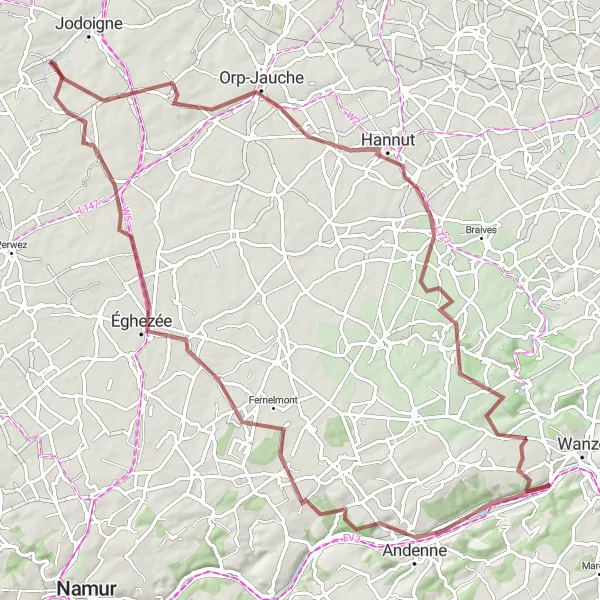 Map miniature of "Gravel Tour of Brabant Wallon" cycling inspiration in Prov. Brabant Wallon, Belgium. Generated by Tarmacs.app cycling route planner